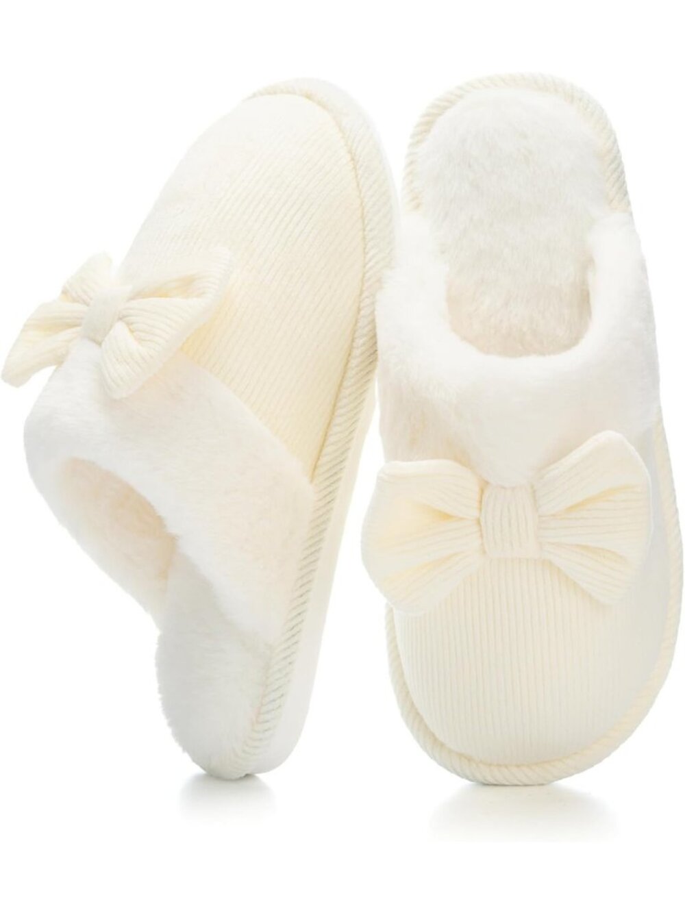 Women's Beige Memory Foam Fuzzy Non-Slip Faux Fur Lining Washable Bow Slippers